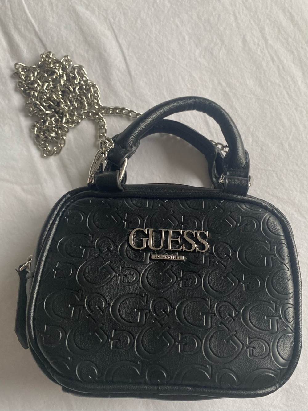 GUESS Black Embossed G Logo Crossbody with Chain Strap